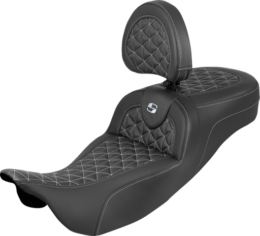 SADDLEMEN RoadSofa™ Tri Gripper Seat - Extended Reach - Silver Stitch - w/ Backrest - FLH/FLT '08-'25 808-07B-211B5