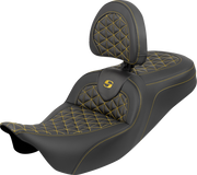 SADDLEMEN RoadSofa™ Tri Gripper Seat - Standard Reach - Gold Stitch - w/ Backrest - FLH/FLT '08-'25 808-07B-210B7