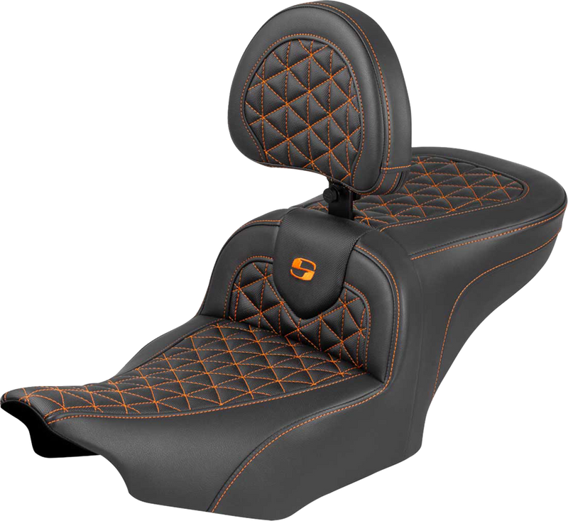 SADDLEMEN Roadsofa™ Seat - with Backrest - Orange Stitch - FLH/FLT '23-'25 823-07-210B3