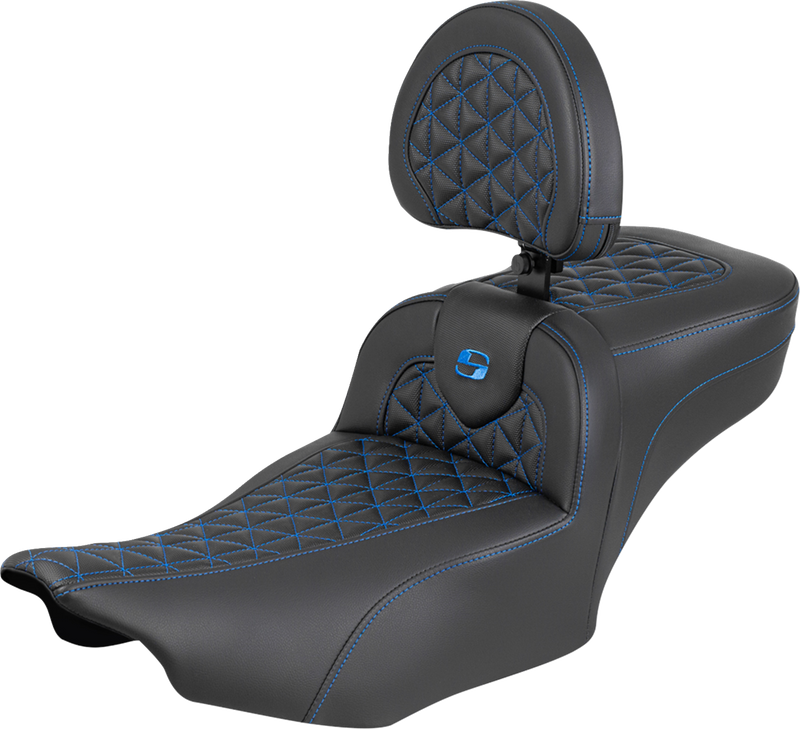 SADDLEMEN Roadsofa™ Extended Reach Seat - with Backrest - Blue Stitch - FLH/FLT '23-'25 823-07-211B1