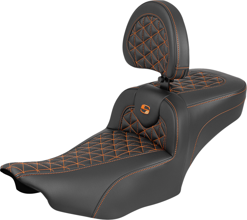 SADDLEMEN Roadsofa™ Extended Reach Seat - with Backrest - Orange Stitch - FLH/FLT '23-'25 823-07-211B3