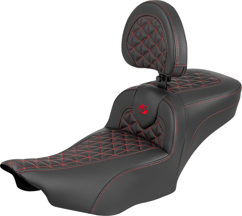 SADDLEMEN Roadsofa™ Extended Reach Seat - with Backrest - Red Stitch - FLH/FLT '23-'25 823-07-211B4