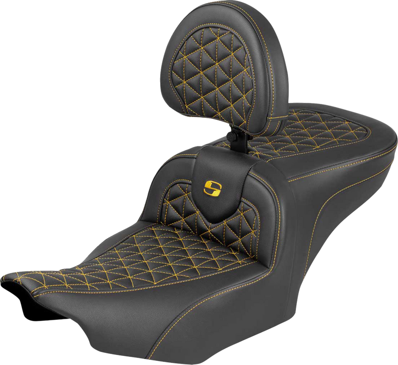 SADDLEMEN Roadsofa™ Seat - with Backrest - Gold Stitch - FLH/FLT '23-'25 823-07-210B7
