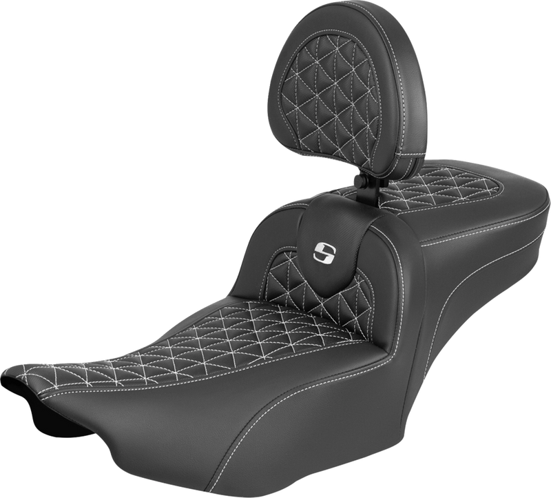 SADDLEMEN Roadsofa™ Extended Reach Seat - with Backrest - White Stitch - FLH/FLT '23-'25 823-07-211B6