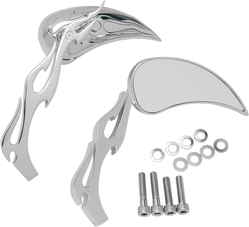 DRAG SPECIALTIES Flame Teardrop Mirrors with Sculptured Stem - Chrome