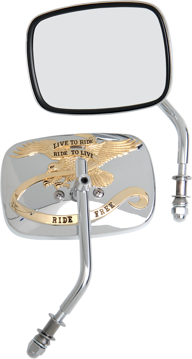 DRAG SPECIALTIES Die-Cast Live To Ride Adjustable Stem Mirror - Chrome / Gold - 4-3/4" x 5"