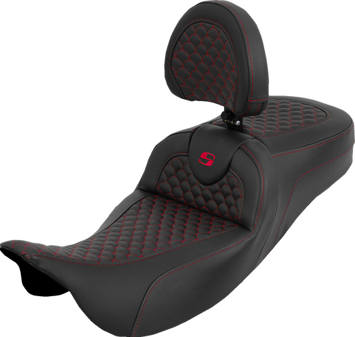 SADDLEMEN Extended Reach Roadsofa™ Seat - Dragon Scale - Red Stitch - with Backrest - Touring '08-'25 808-07B-209B4