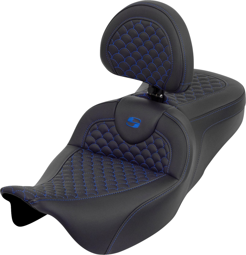 SADDLEMEN Roadsofa™ Seat - Dragon Scale - Blue Stitch - with Backrest - Touring '08-'25 808-07B-208B1