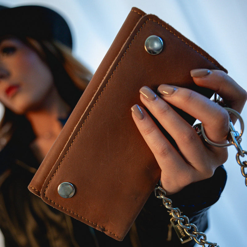 Brown Trifold Chain Biker Wallet