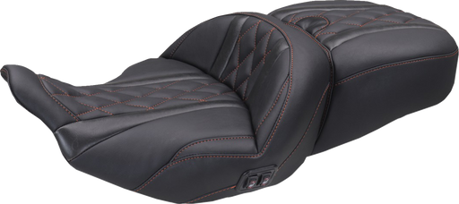 MUSTANG Heated Super Touring One Piece 2-Up Seat - Deluxe Diamond - American Beauty Stitch - FLT/FLH '23-'26 89410AB