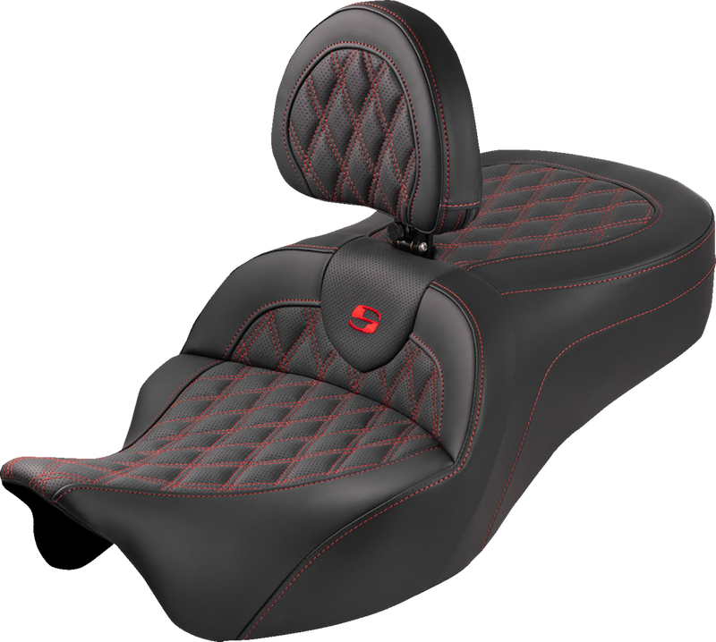 SADDLEMEN Roadsofa™ King Seat - With Backrest - Lattice Stitch - Red Stitch - FLH/FLT '08-'25 808-07B-182SB4