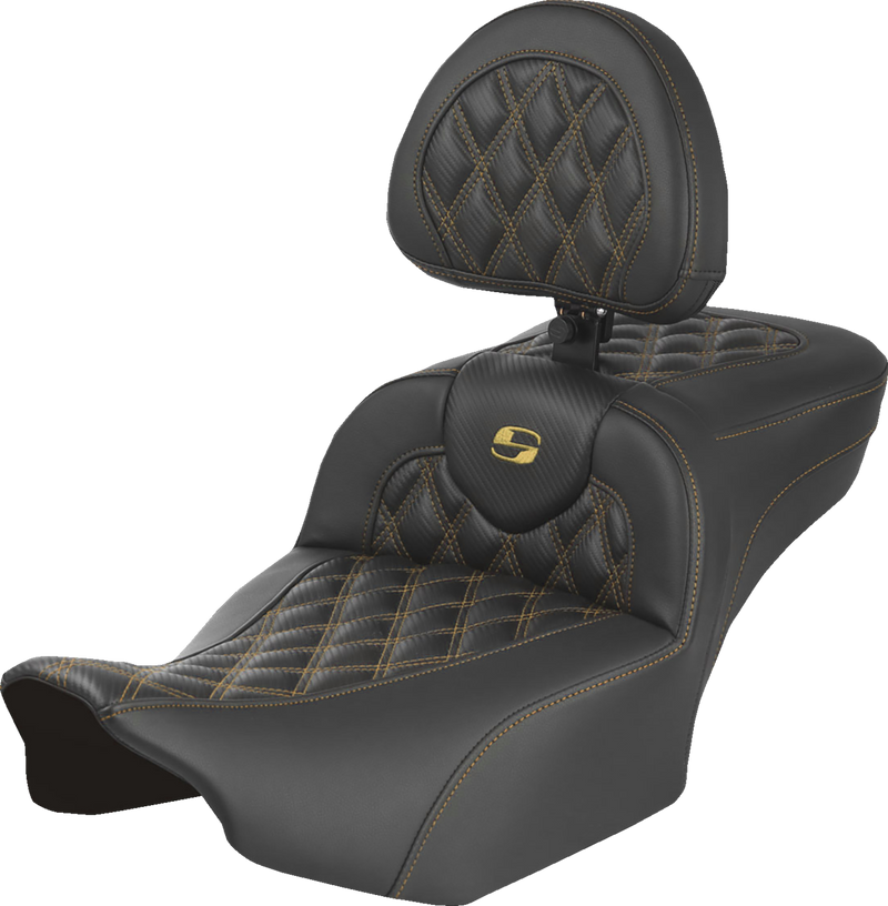 SADDLEMEN Extended Reach Roadsofa™ Seat - Carbon Fiber - with Backrest - Gold Lattice Stitch - FLH/FLT '23-'25 823-07-207B7