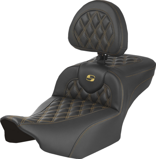 SADDLEMEN Extended Reach Roadsofa™ Seat - Carbon Fiber - with Backrest - Gold Lattice Stitch - FLH/FLT '23-'25 823-07-207B7