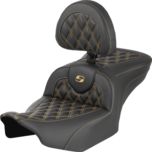 SADDLEMEN Roadsofa™ Seat - Carbon Fiber - with Backrest - Gold Lattice Stitch - FLH/FLT '23-'25 823-07-206B7