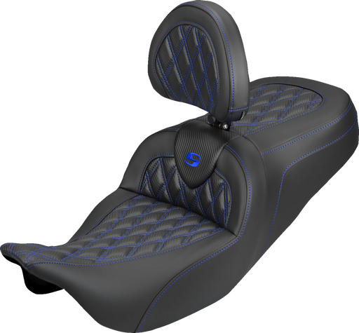 SADDLEMEN Roadsofa™ Carbon Fiber Seat - Lattice - Blue Stitch - With Backrest - FLH/FLT '08-'25 808-07B-206B1
