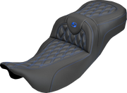SADDLEMEN Extended Reach Roadsofa™ Carbon Fiber Seat - Lattice - Blue Stitch - Without Backrest - FL '08-'25 808-07B-20701