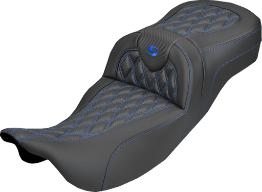 SADDLEMEN Extended Reach Roadsofa™ Carbon Fiber Seat - Lattice - Blue Stitch - Without Backrest - FL '08-'25 808-07B-20701