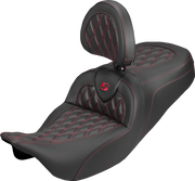 SADDLEMEN Roadsofa™ Carbon Fiber Seat - Lattice - Red Stitch - With Backrest - FLH/FLT '08-'25 808-07B-206B4
