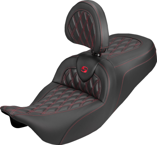 SADDLEMEN Roadsofa™ Carbon Fiber Seat - Lattice - Red Stitch - With Backrest - FLH/FLT '08-'25 808-07B-206B4
