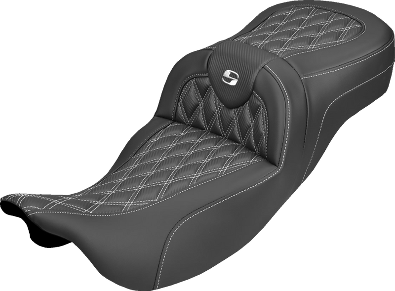 SADDLEMEN Extended Reach Roadsofa™ Carbon Fiber Seat - Lattice - White Stitch - Without Backrest - FL '08-'25 808-07B-20706