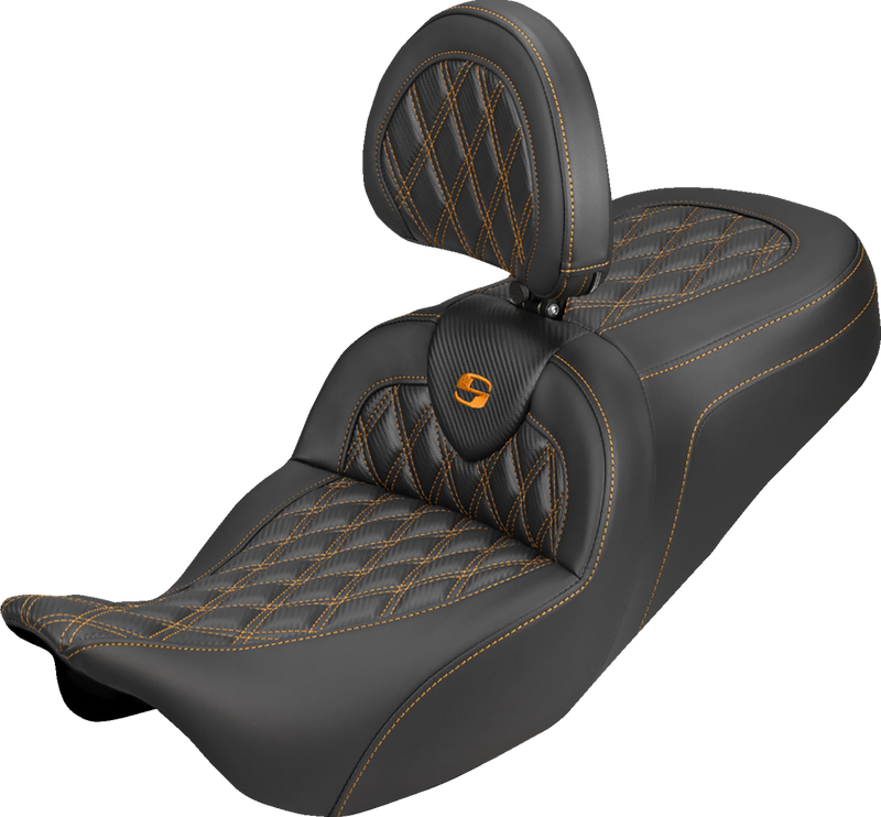 SADDLEMEN Roadsofa™ Carbon Fiber Seat - Lattice - Orange Stitch - With Backrest - FLH/FLT '08-'25 808-07B-206B3