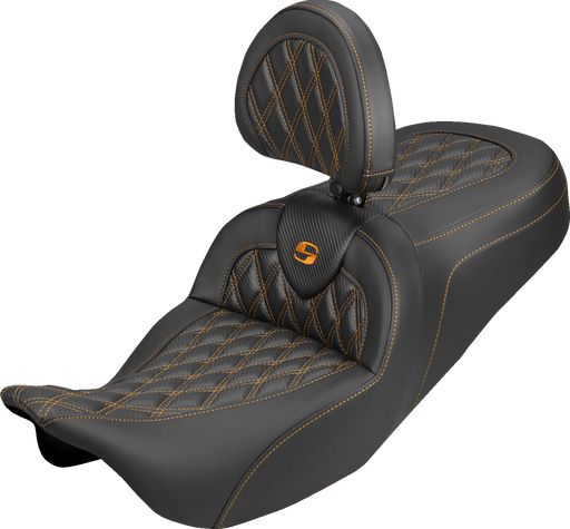 SADDLEMEN Roadsofa™ Carbon Fiber Seat - Lattice - Orange Stitch - With Backrest - FLH/FLT '08-'25 808-07B-206B3