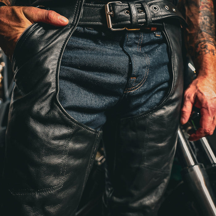 Unik Premium leather chaps designed for durability and style. With reinforced stitching, silver hardware, and an adjustable fit, these chaps are ideal for bikers