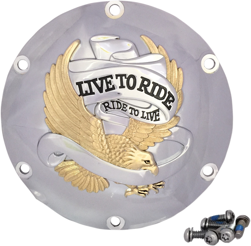 DRAG SPECIALTIES Replacement Derby Cover - 6 Hole - Live to Ride Chrome / Gold - XL '04-'21