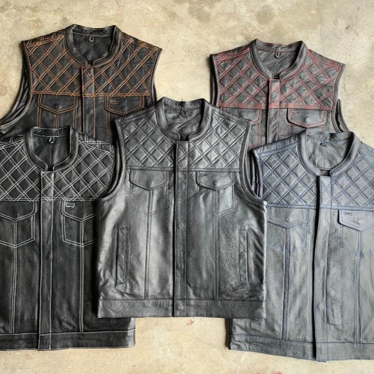 Red Diamond - Mens Premium Leather Diamond Stitch Club Vest