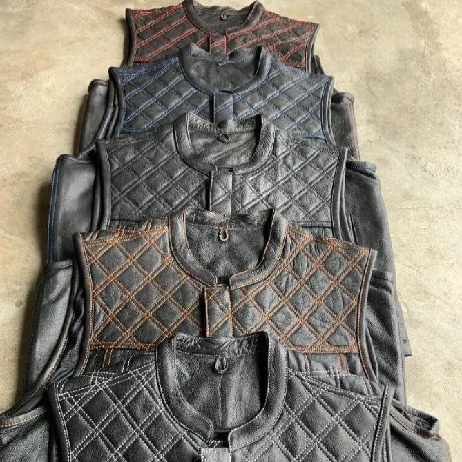 Red Diamond - Mens Premium Leather Diamond Stitch Club Vest