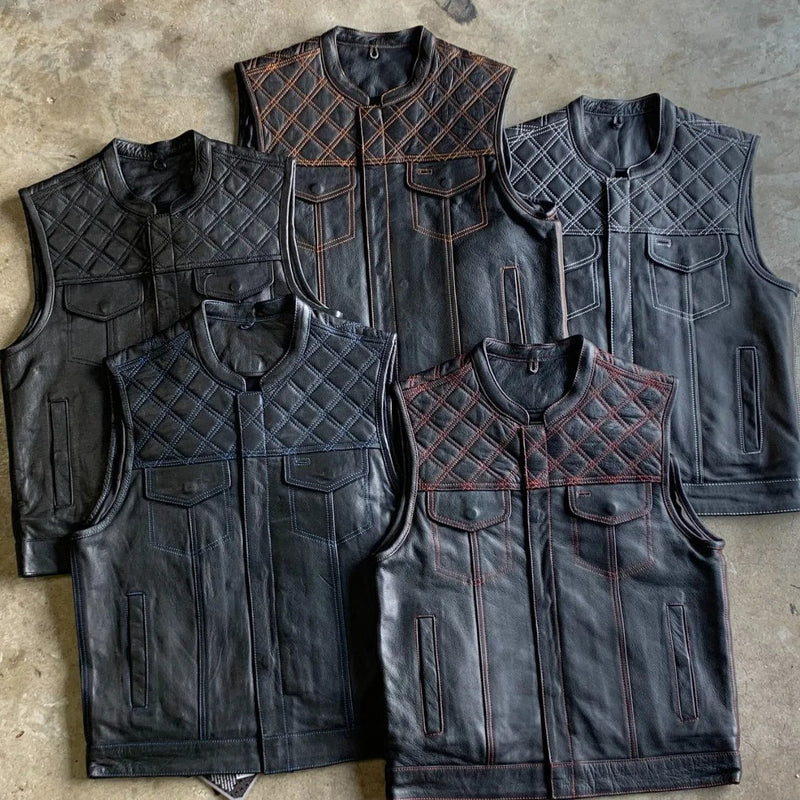 Red Diamond - Mens Premium Leather Diamond Stitch Club Vest