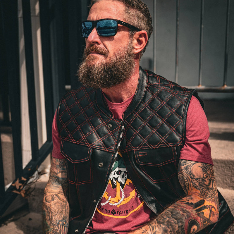 Red Diamond - Mens Premium Leather Diamond Stitch Club Vest