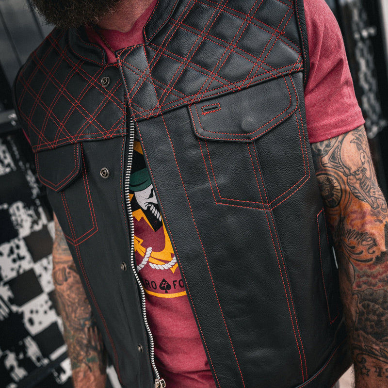 Red Diamond - Mens Premium Leather Diamond Stitch Club Vest