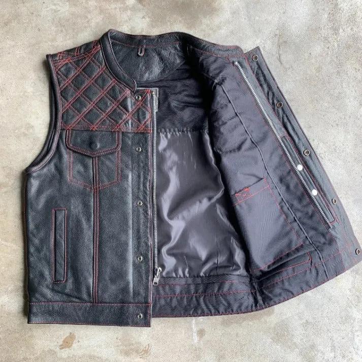 Red Diamond - Mens Premium Leather Diamond Stitch Club Vest