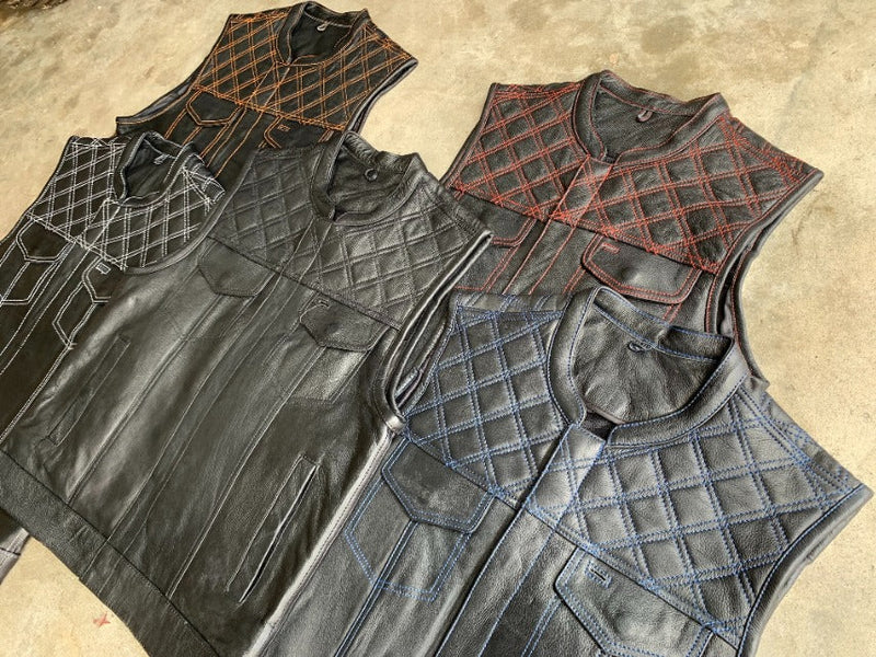 The Men's Diamond Stitch Club Vest by Unik Premium combines sophisticated design with practical features. Made from cowhide leather with a diamond stitch pattern.