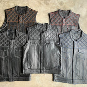 The Men's Diamond Stitch Club Vest by Unik Premium combines sophisticated design with practical features. Made from cowhide leather with a diamond stitch pattern.
