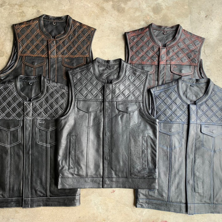 The Men's Diamond Stitch Club Vest by Unik Premium combines sophisticated design with practical features. Made from cowhide leather with a diamond stitch pattern.