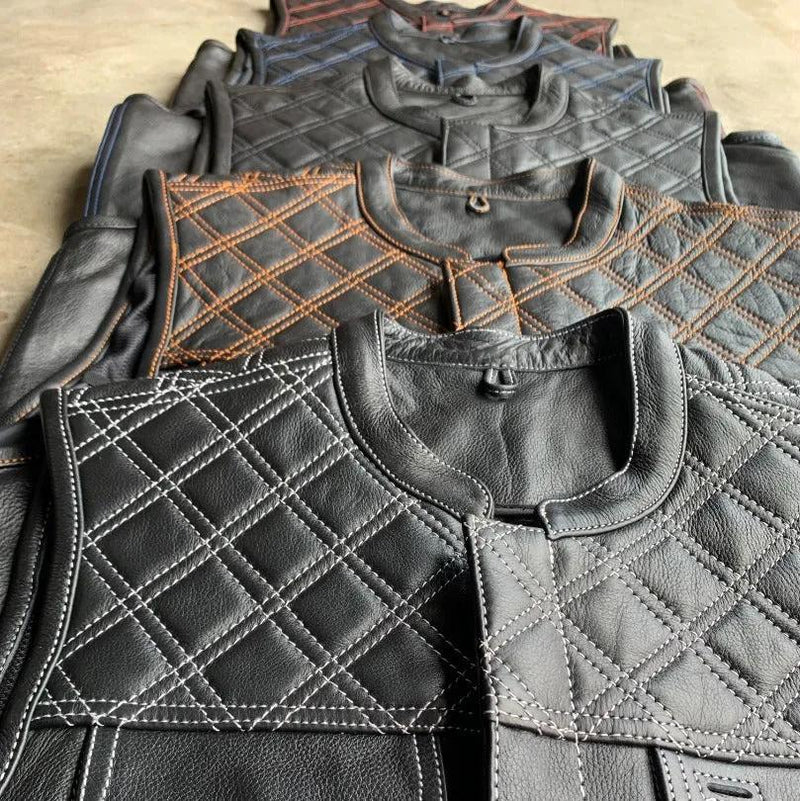 White Diamond - Mens Premium Leather Diamond Stitch Club Vest