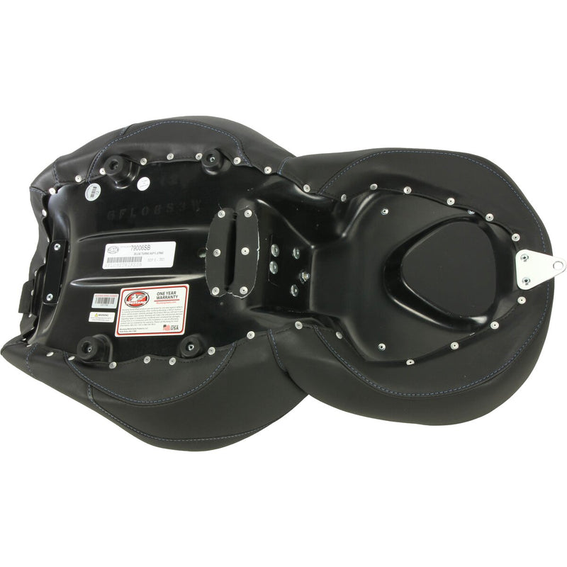 MUSTANG One-Piece Deluxe Touring Seat with Removable Backrest Option - Black with Sky Blue Stitching - Touring '08-'21