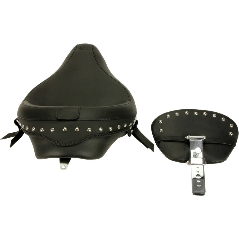 MUSTANG Wide Solo Seat with Removable Backrest - Chrome Studs with Conchos - Black - Sportster '04-'21 with 2.1/3.3 Gallon Tank