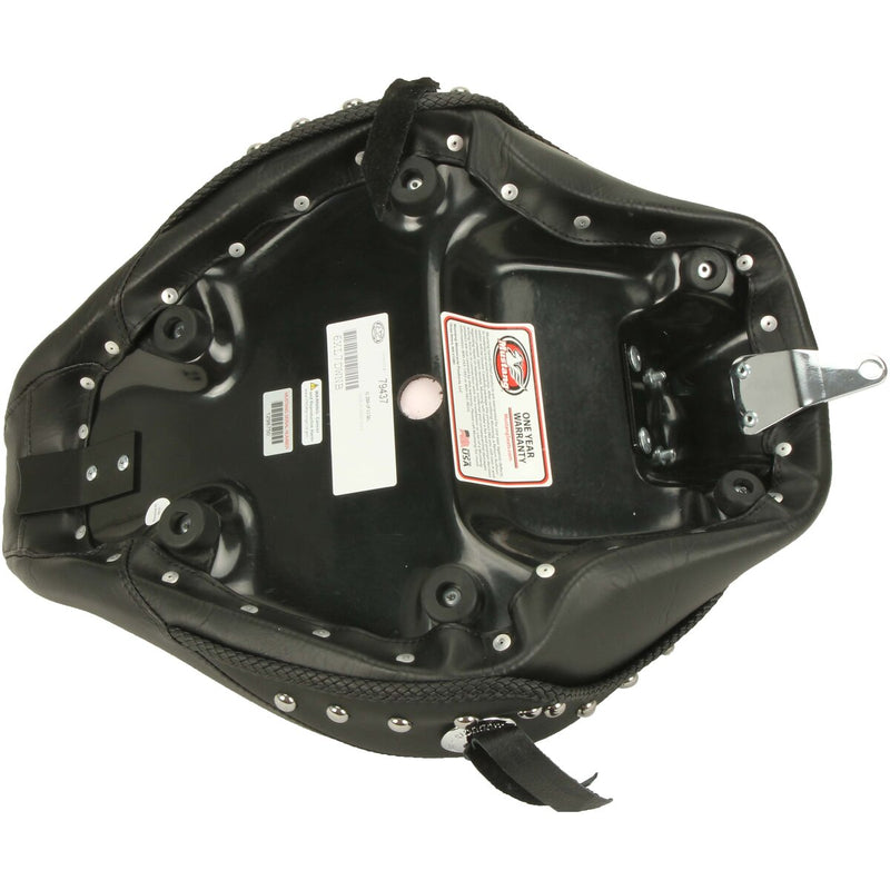 MUSTANG Wide Solo Seat with Removable Backrest - Chrome Studs with Conchos - Black - Sportster '04-'21 with 2.1/3.3 Gallon Tank