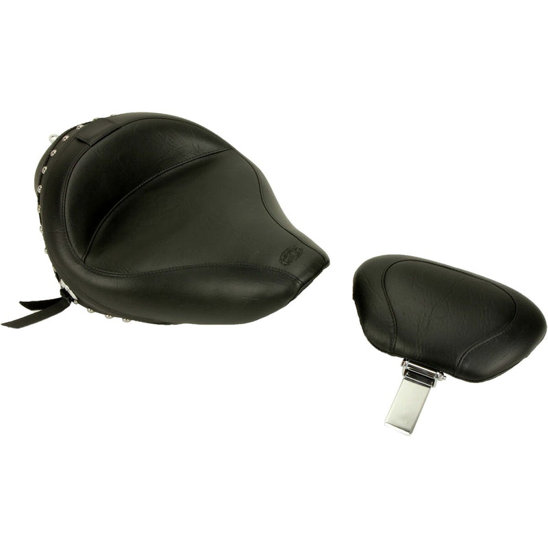 MUSTANG Wide Solo Seat with Removable Backrest - Chrome Studs with Conchos - Black - Sportster '04-'21 with 2.1/3.3 Gallon Tank