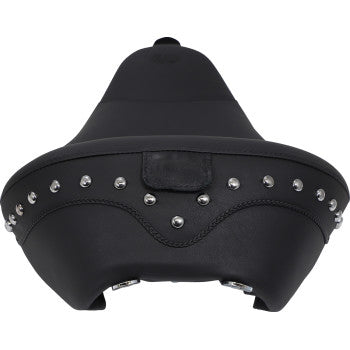 MUSTANG Wide Solo Seat with Drivers Backrest - Chrome Studs and Conchos - Black - Touring '08-'21