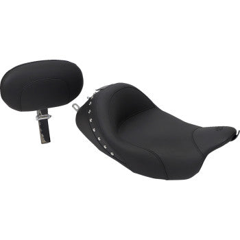 MUSTANG Wide Solo Seat with Drivers Backrest - Chrome Studs and Conchos - Black - Touring '08-'21