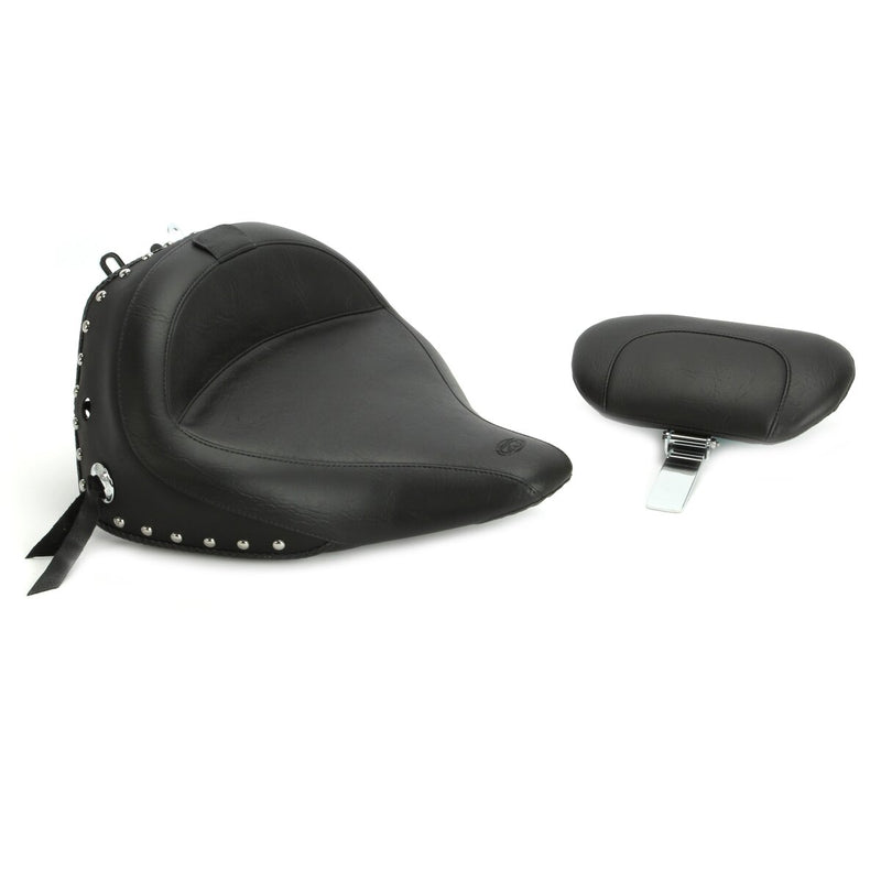 MUSTANG Wide Touring Solo Seat with Backrest - Chrome Studs with Conchos - Softail '05-'17 With Standard Rack