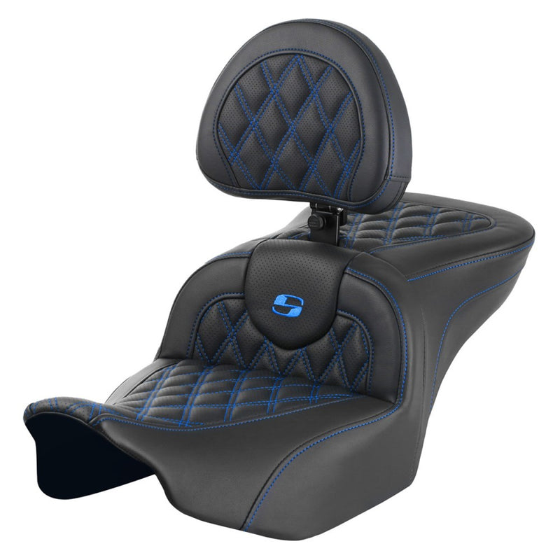 SADDLEMEN RoadSofa™ Seat - with Backrest - Lattice Stitch - Blue Stitch - Touring '23.5-'25