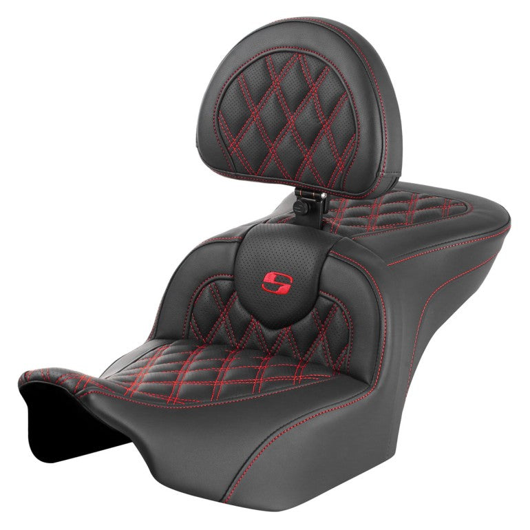 SADDLEMEN RoadSofa™ Seat - with Backrest - Lattice Stitch - Red Stitch - Touring '23.5-'25