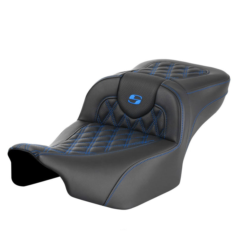 SADDLEMEN Roadsofa™ Extended Reach Seat - without Backrest - Lattice Stitch - Blue Stitch - Touring '23.5-'25