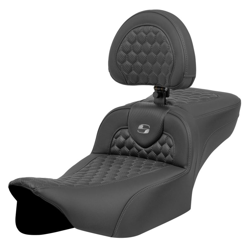 SADDLEMEN Roadsofa™ Extended Reach Seat - with Backrest - Honeycomb - Dark Gray Stitch - Touring '23.5-UP