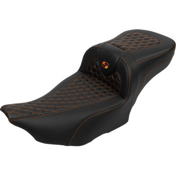 SADDLEMEN Roadsofa™ Extended Reach Seat - with Backrest - Honeycomb - Orange Stitch - Touring '23.5-UP